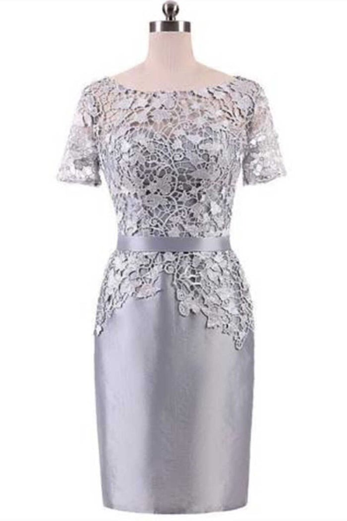 Grey Lace Short Sleeve Mother of the Bride Dress