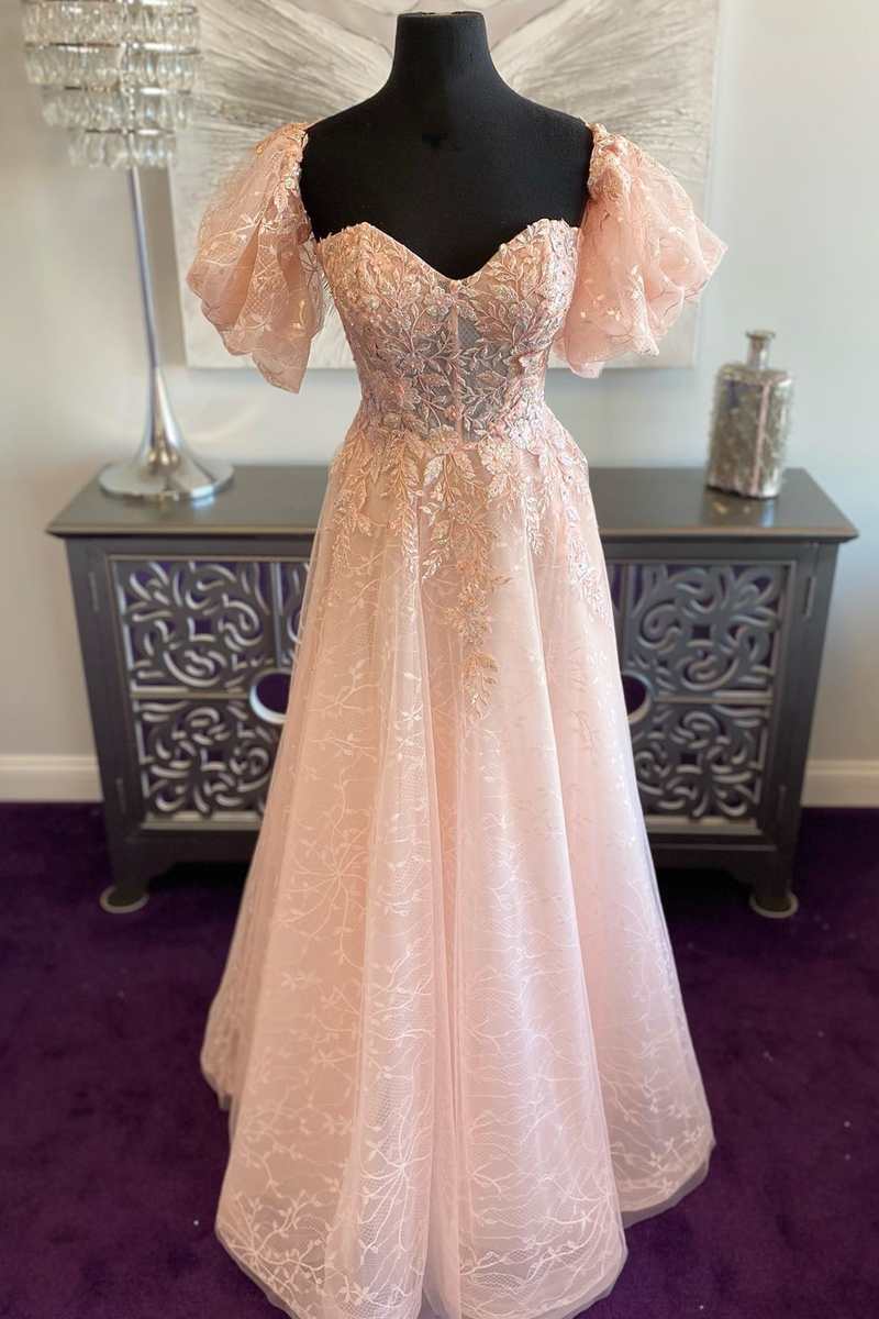 Pink Tulle Sweetheart A-Line Prom Dress with Puff Sleeves