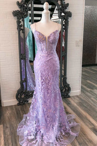 Lavender Floral Appliques Split Neck Mermaid Long Prom Dress