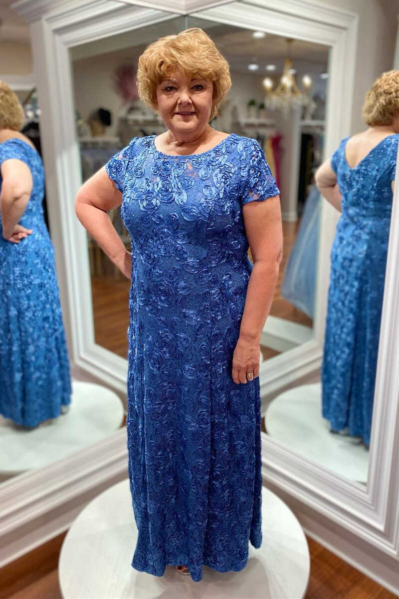 Blue Appliques Crew Neck Short Sleeve Long Mother of the Bride Dress