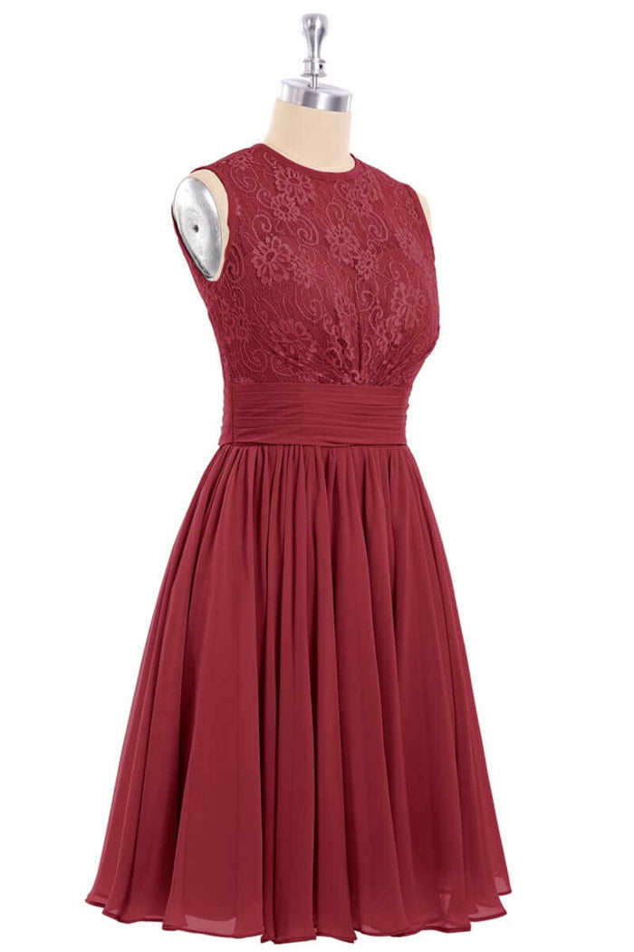 Burgundy Lace Sleeveless Backless A-Line Short Bridesmaid Dress