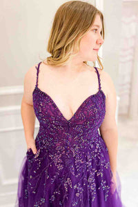 Purple A-line V Neck Applique Sequins Tulle Long Prom Dress