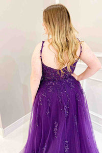 Purple A-line V Neck Applique Sequins Tulle Long Prom Dress
