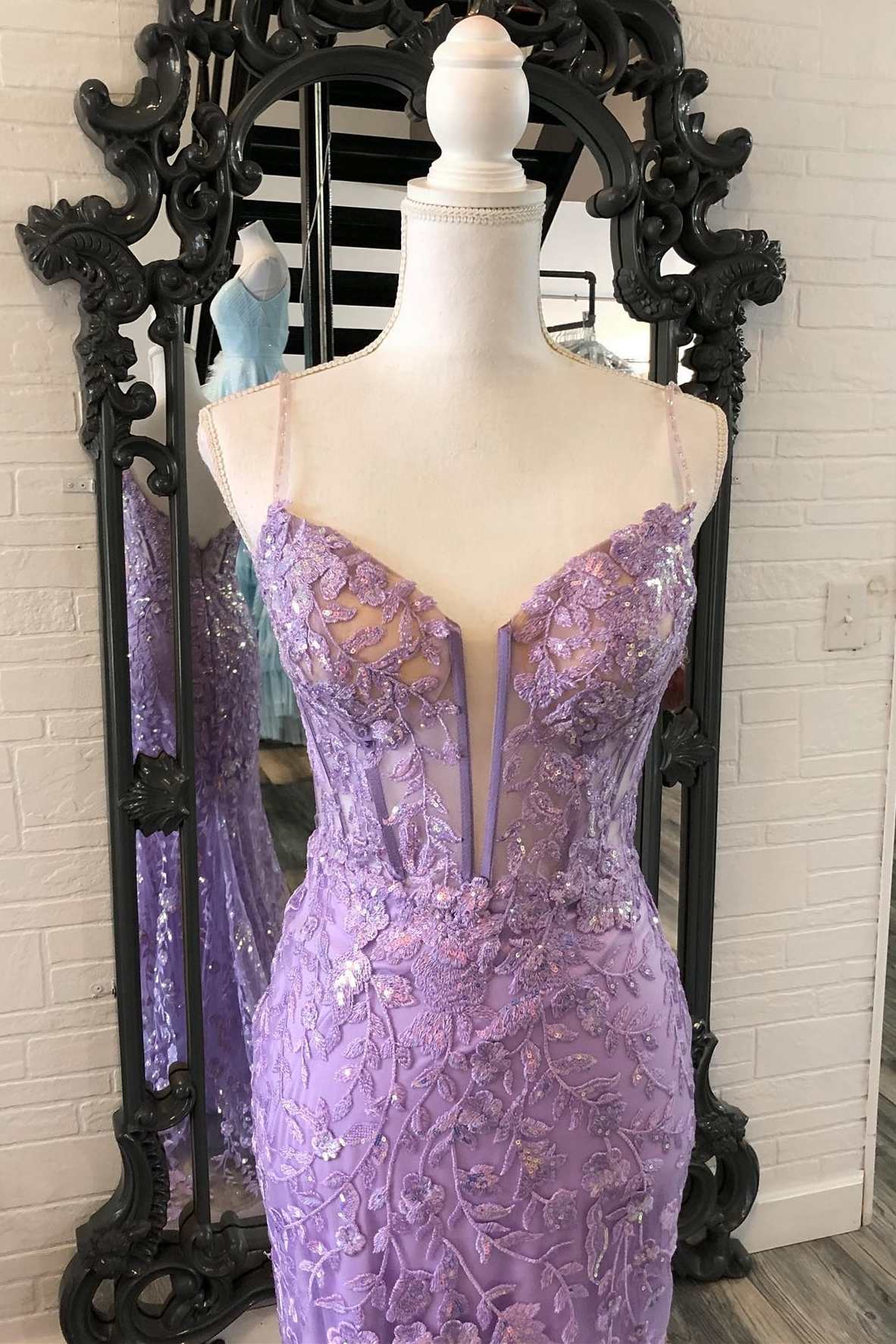 Lavender Floral Appliques Split Neck Mermaid Long Prom Dress