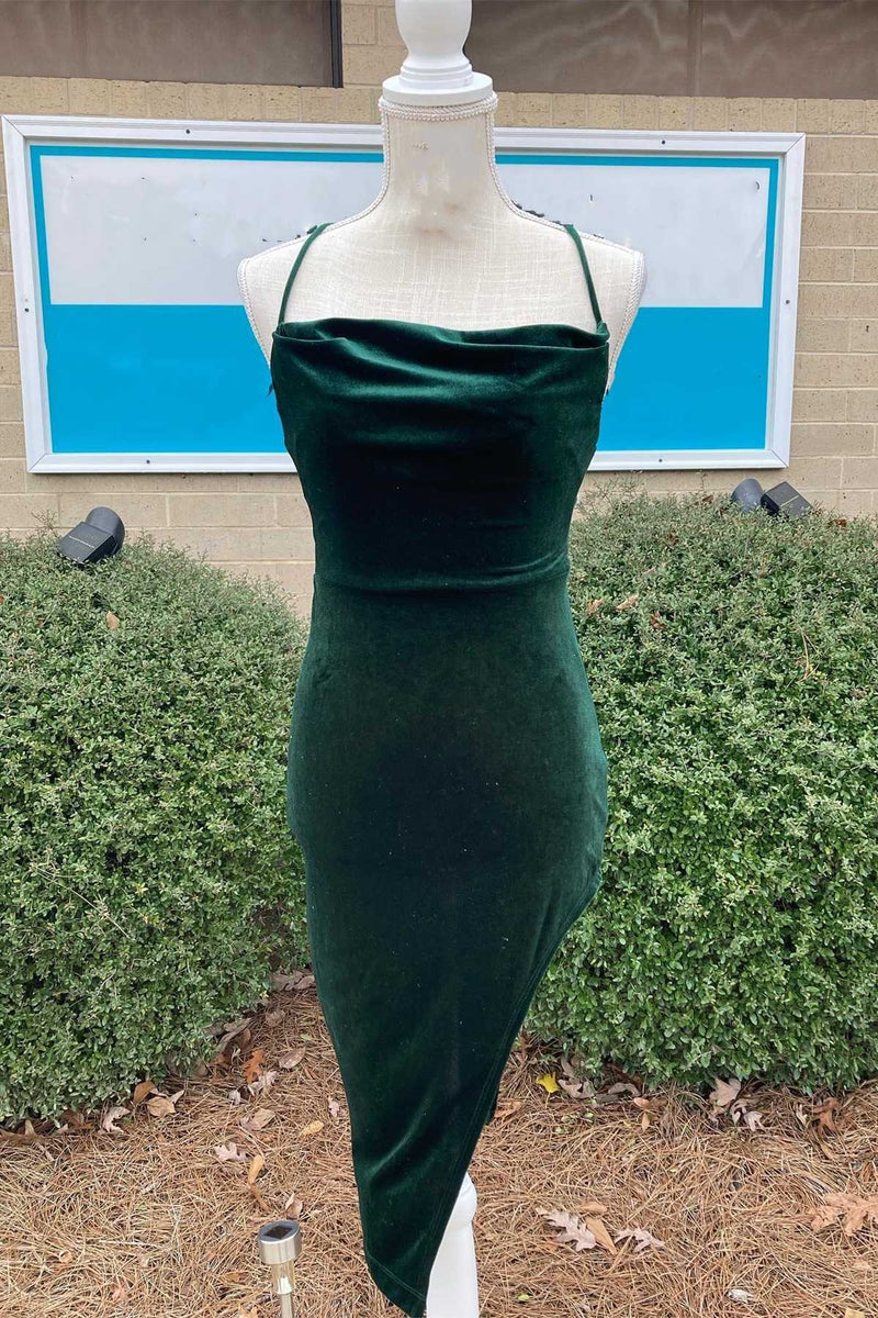 Green Velvet Cowl Neck Lace-Up Back High-Low Cocktail Dress