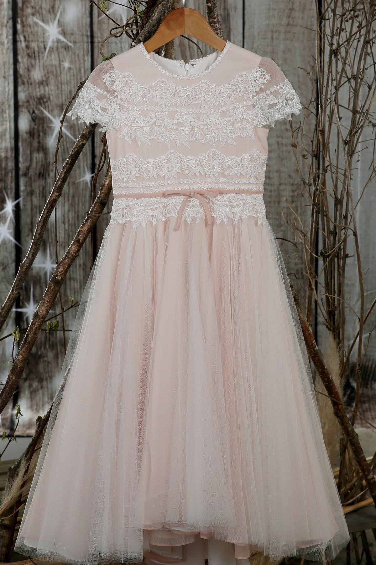 Blush Pink Jewel Sleeves Appliques Long Flower Girl Dress with Sash
