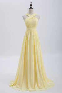 Cross Front Yellow Pleated Chiffon Long Bridesmaid Dress