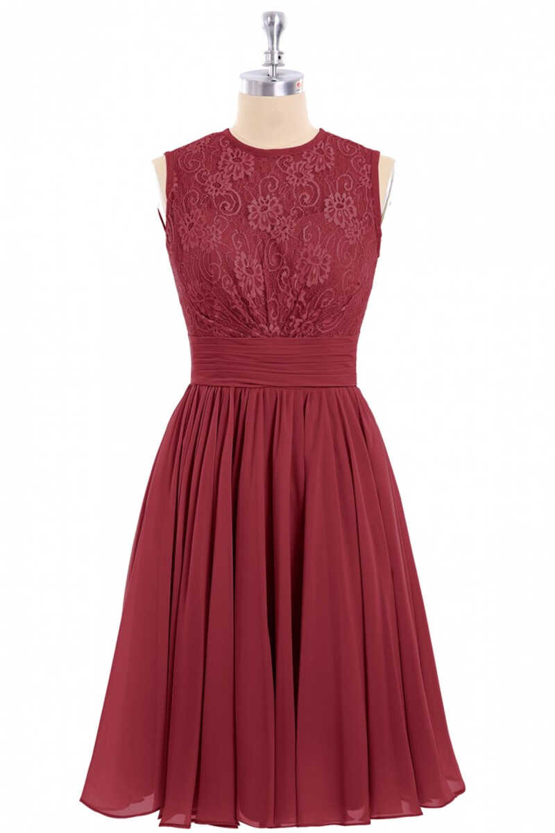 Burgundy Lace Sleeveless Backless A-Line Short Bridesmaid Dress
