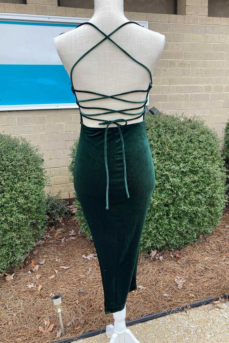 Green Velvet Cowl Neck Lace-Up Back High-Low Cocktail Dress