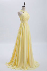 Cross Front Yellow Pleated Chiffon Long Bridesmaid Dress