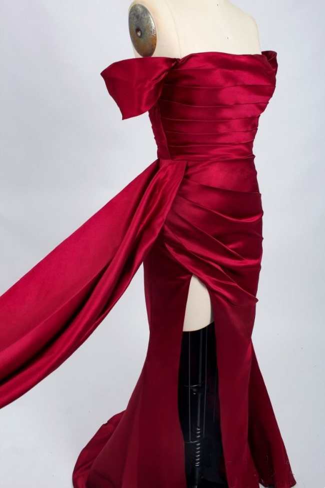 Red Satin Off-the-Shoulder Mermaid Long Prom Dress with Slit