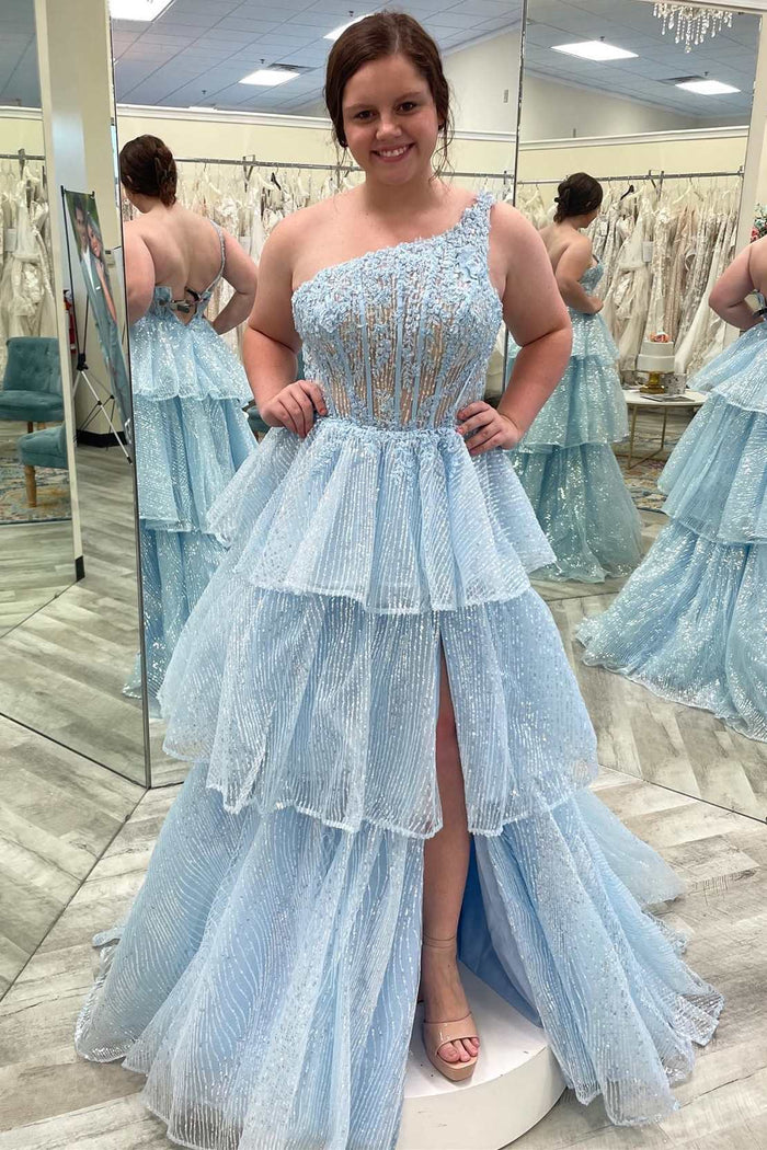 One-Shoulder Light Blue Lace Tiered Long Prom Dress with Slit