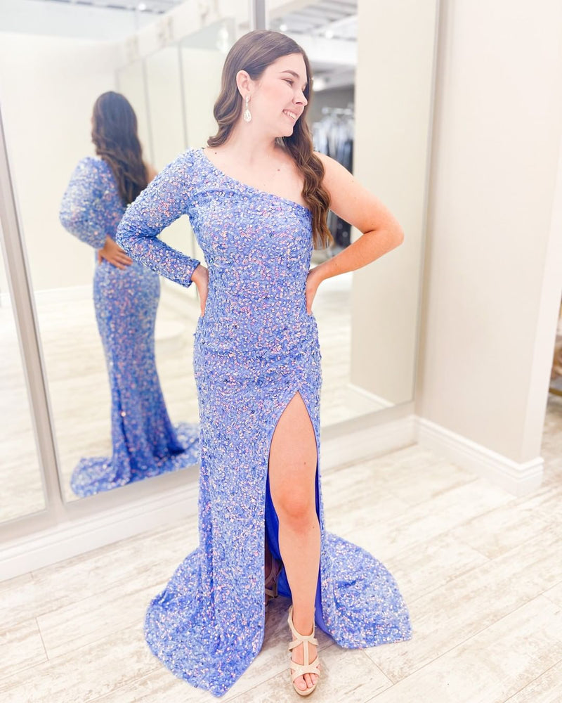 One Shoulder Long Sleeves Mermaid Long Party Dress – Dreamdressy