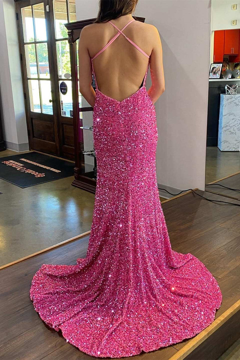 Hot Pink Sequin Plunge V Backless Mermaid Long Prom Dress with Slit