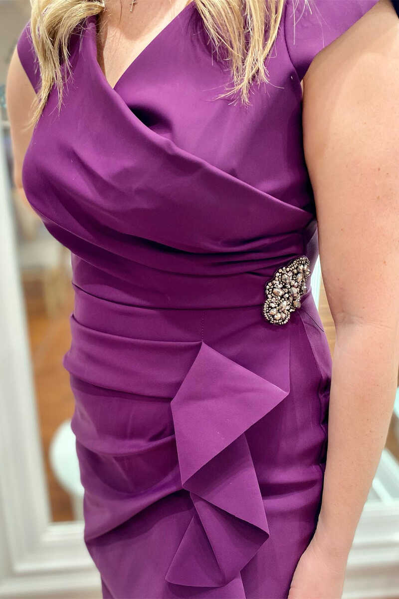 Purple Cap Sleeve Rhinestone Ruched Short Mother of the Bride Dress