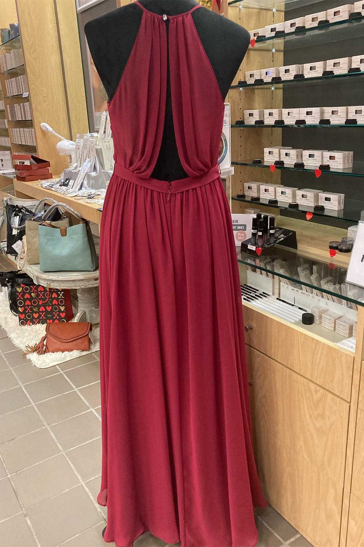 Red Chiffon Halter Backless A-Line Long Bridesmaid Dress