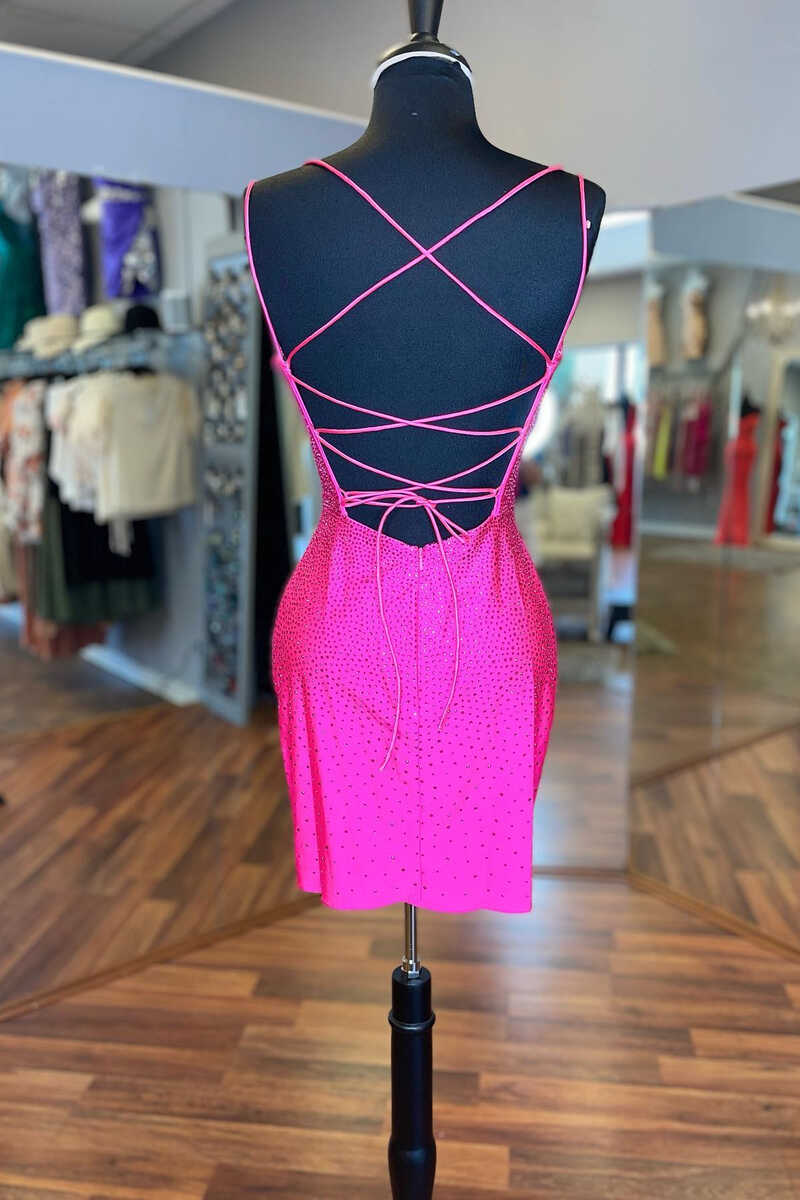 Hot Pink Beaded Lace-Up Bodycon Mini Homecoming Dress
