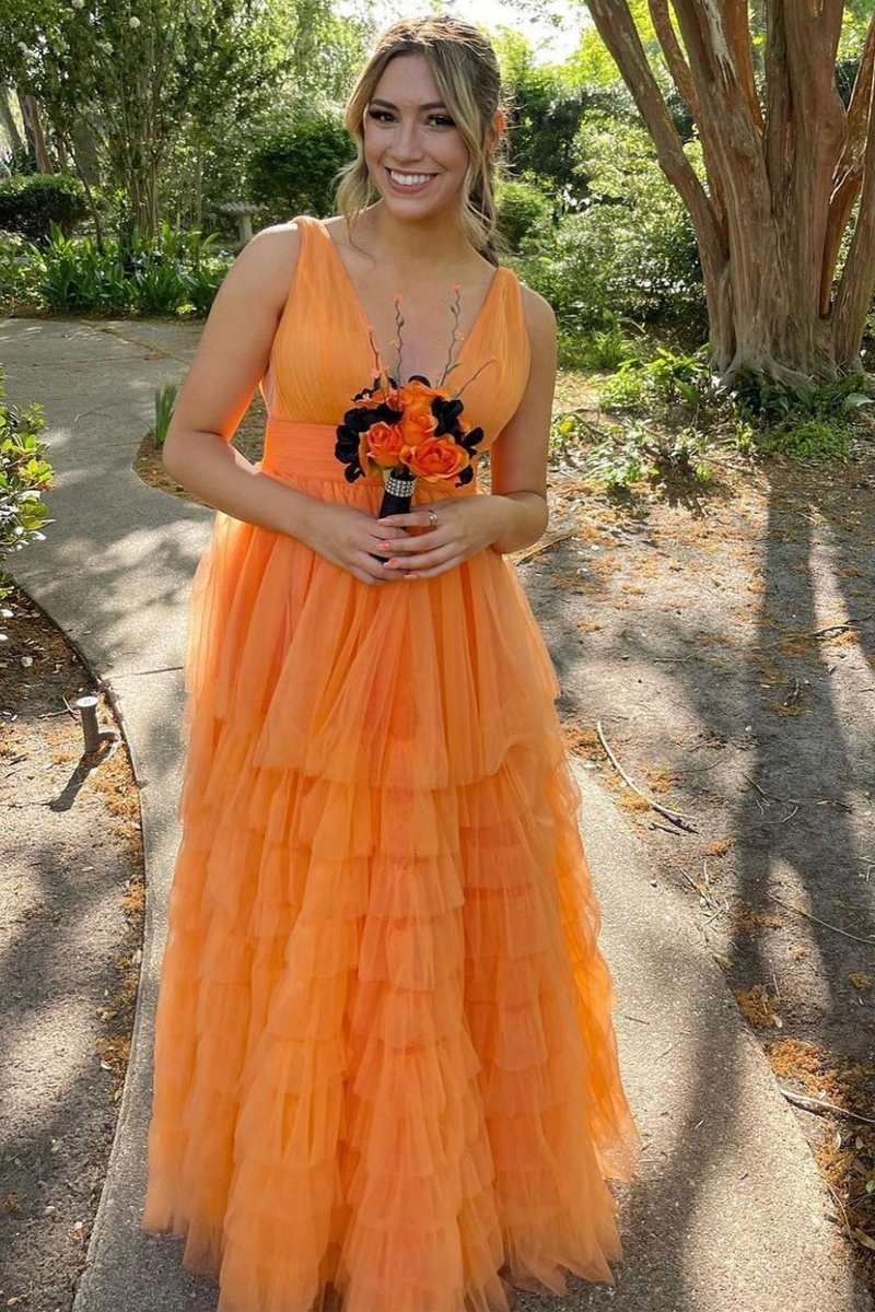 Orange V-Neck High-Waist Tiered A-Line Prom Gown