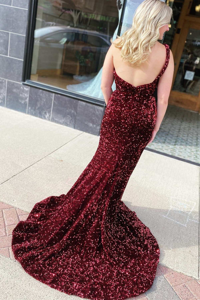 Wine Red Sequin One-Shoulder Long Prom Gown with Slit