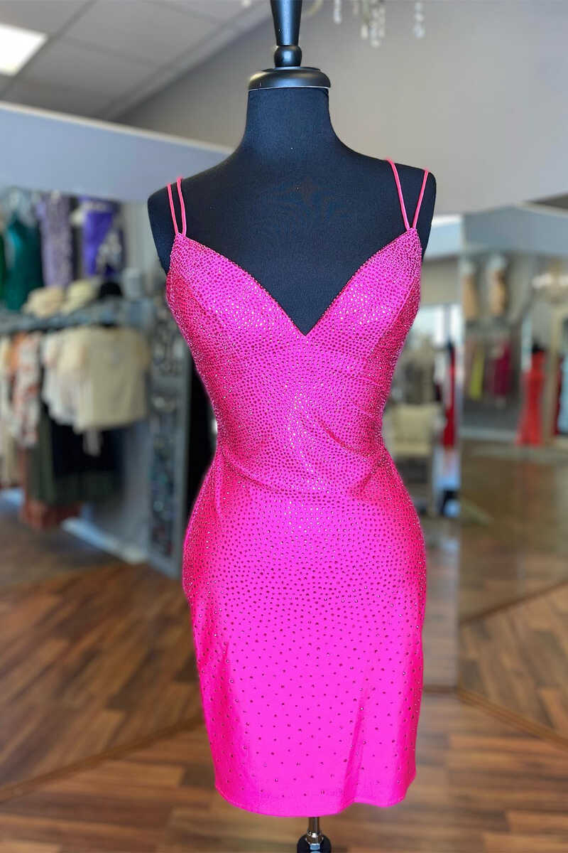 Hot Pink Beaded Lace-Up Bodycon Mini Homecoming Dress – Dreamdressy