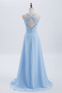 Blue Pleated Straps Chiffon Long Bridesmaid Dress