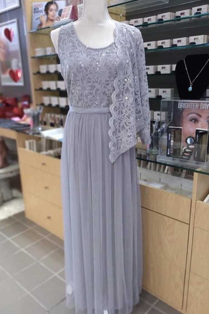 Two-Piece Grey Lace Chiffon Round Neck A-Line Formal Dress with Cardigan