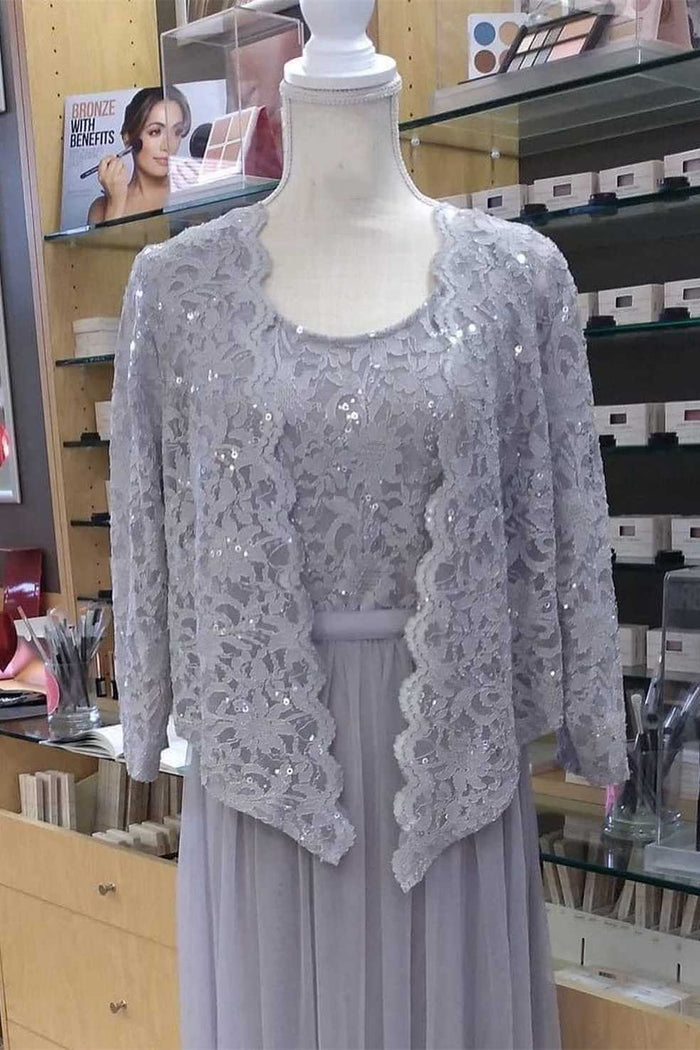 Two-Piece Grey Lace Chiffon Round Neck A-Line Formal Dress with Cardigan