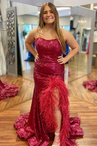 Fuchsia Sequin Feather Strapless Mermaid Long Prom Dress with Slit