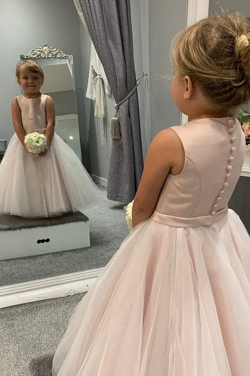 Blush Pink Jewel Sleeveless Beaded Buttons Long Flower Girl Dress