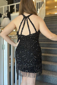 Black Sequin Fringe Halter Short Party Dress