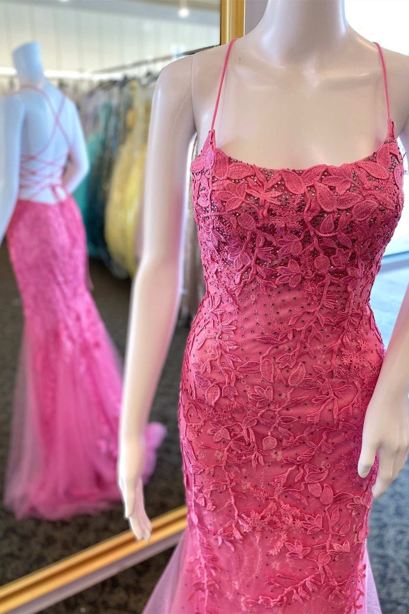 Hot Pink Appliques Beaded Lace-Up Back Mermaid Long Formal Dress