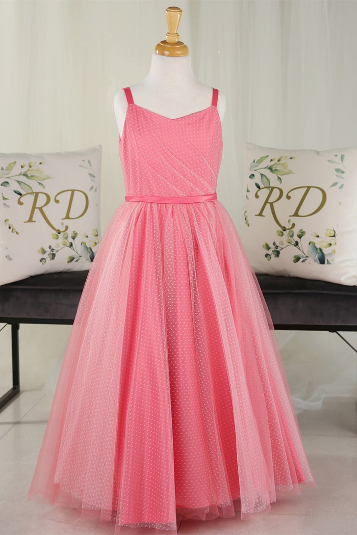 Hot Pink Straps Dot Pleated Tulle Long Flower Girl Dress