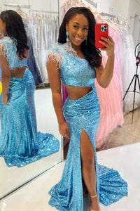 Blue Sequin One-Shoulder Cutout Feathers Mermaid Long Prom Gown
