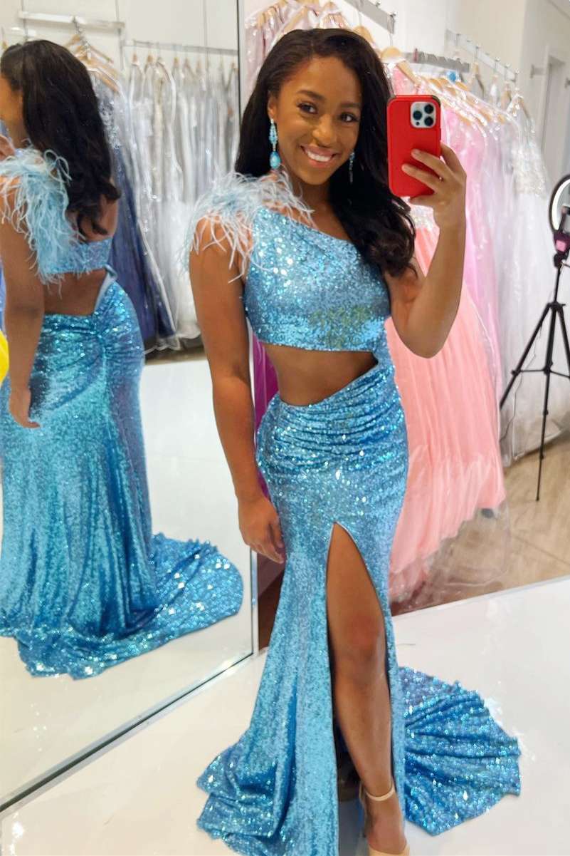 Blue Sequin One-Shoulder Cutout Feathers Mermaid Long Prom Gown ...