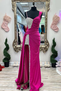 Asymmetrical Magenta Beaded Long Formal Dress with Attached Train