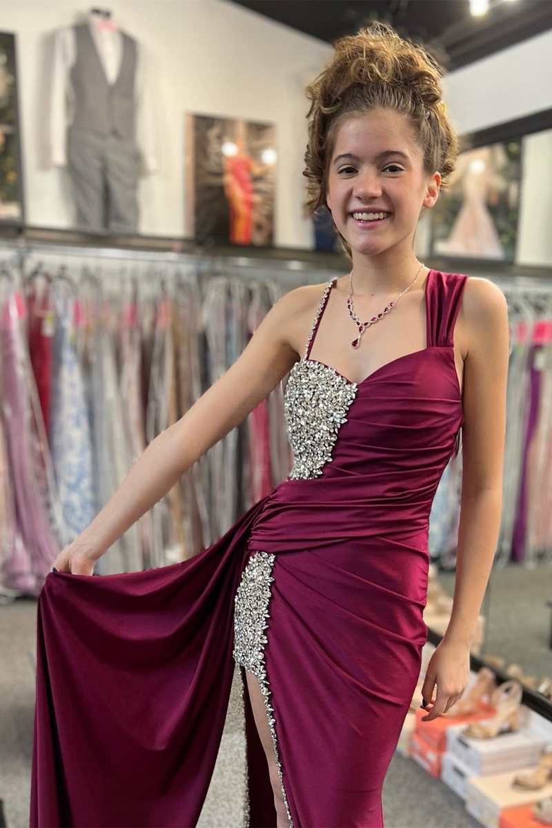 Asymmetrical Magenta Beaded Long Formal Dress with Attached Train