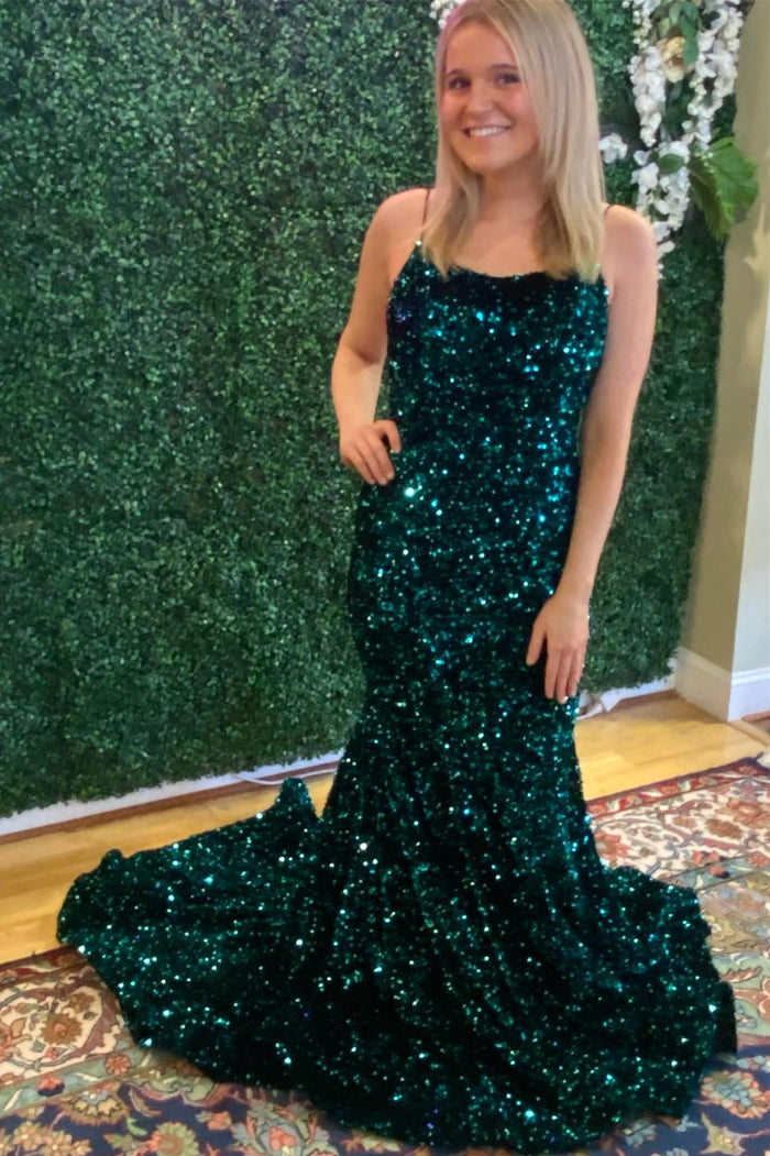 Peacock Green Mermaid Lace-Up Back Sequins Sweeping Long Prom Dress