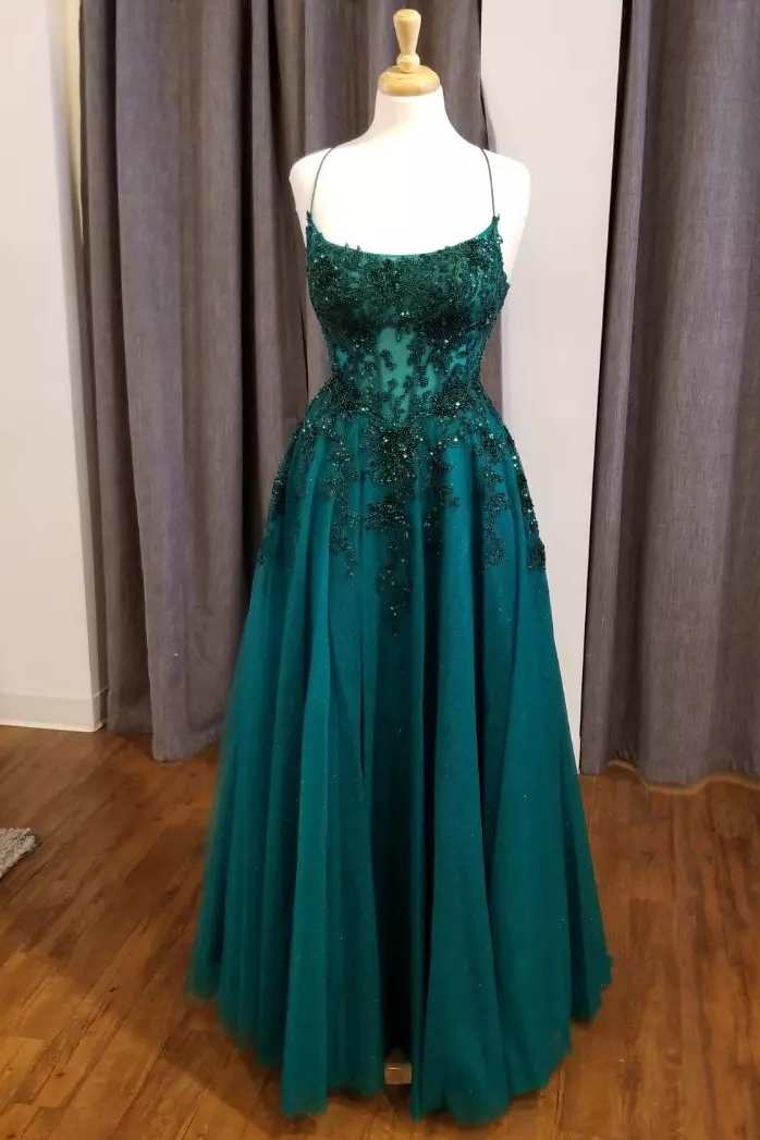 Hunter Green Floral Lace Scoop Neck A-Line Prom Dress