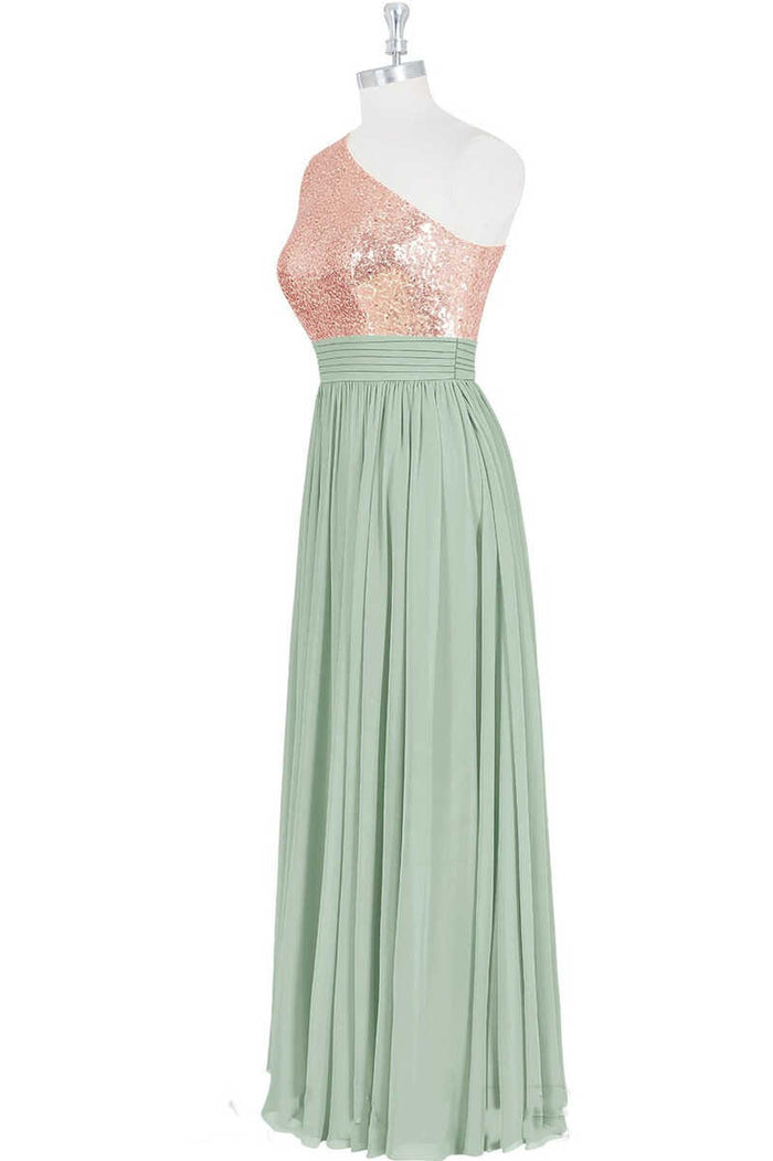 Rose Gold Sequins One-Shoulder Long Bridesmaid Dress