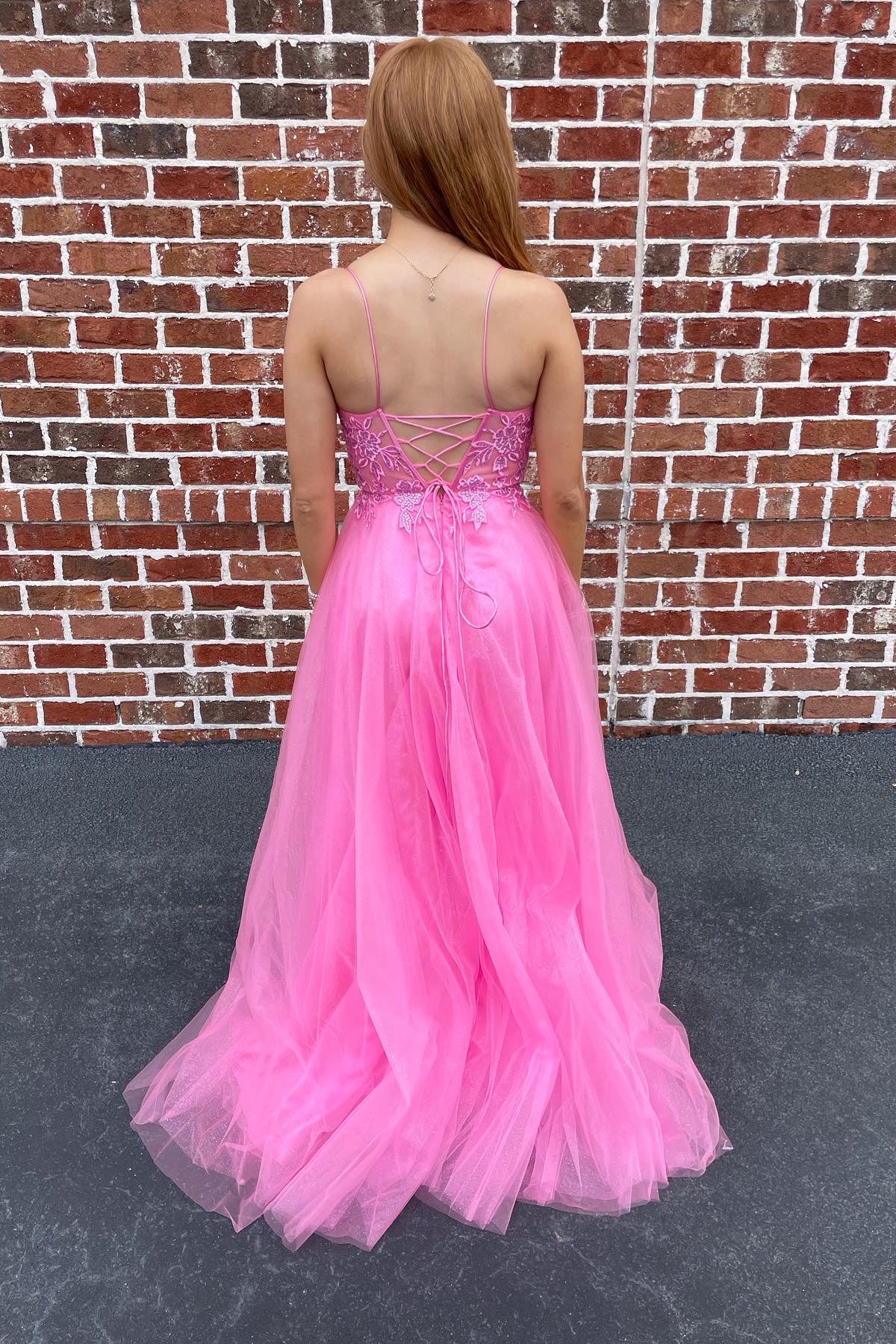 Pink Scoop Neck Appliques Lace-Up Back Tulle Long Prom Dress with Slit