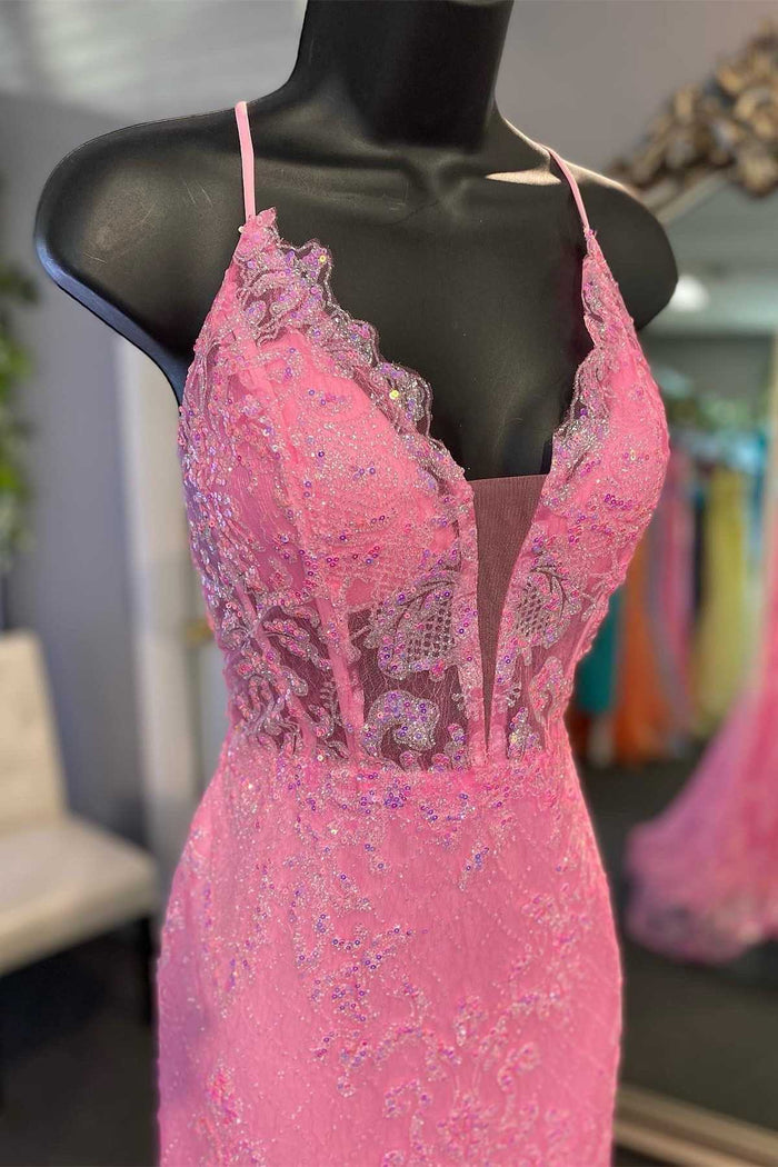 Hot Pink Floral Lace Plunge V Mermaid Long Formal Dress