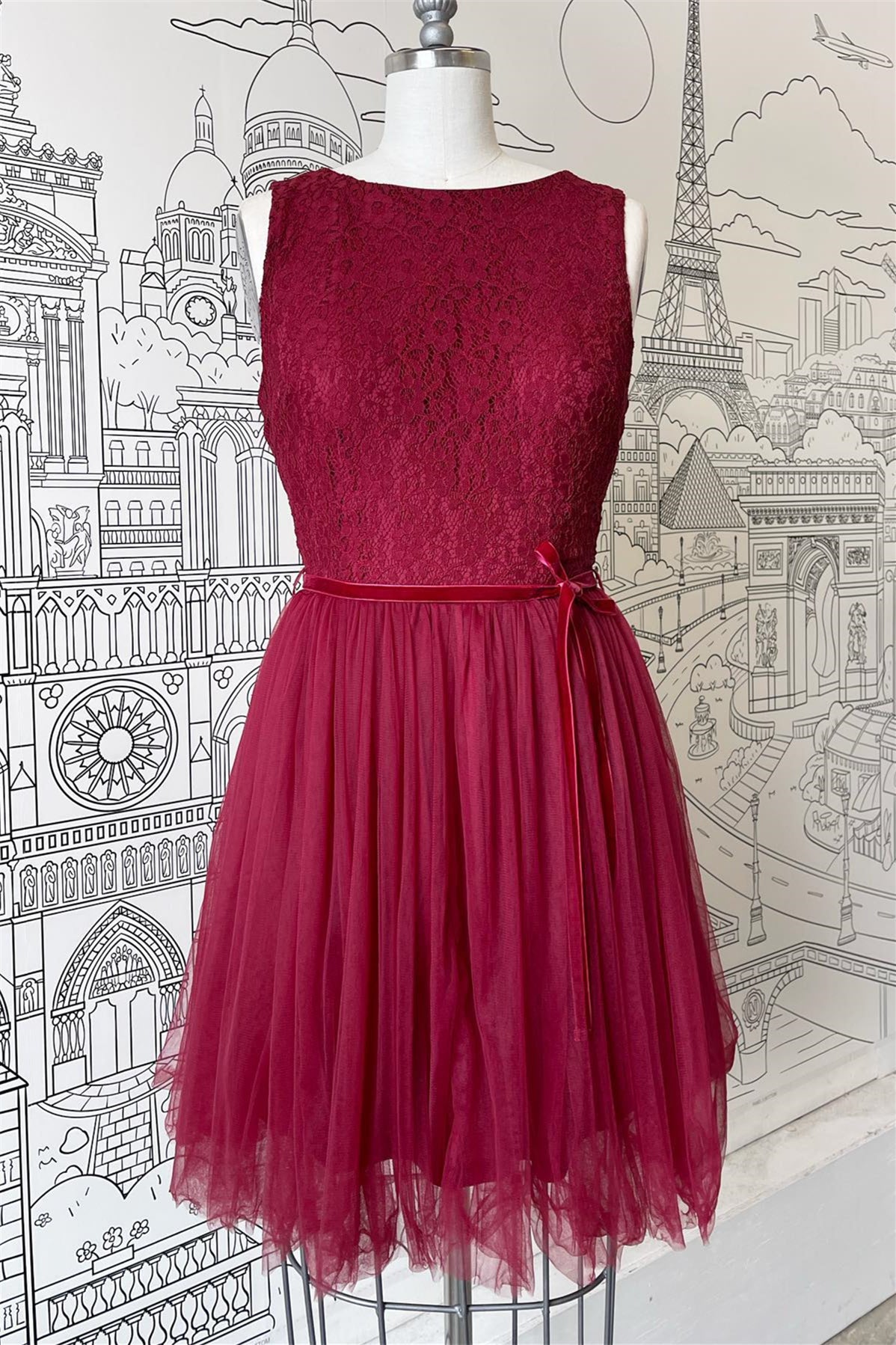 Malberry A-line Scoop Neck Tulle Lace Mini Bridesmaid Dress with Sash