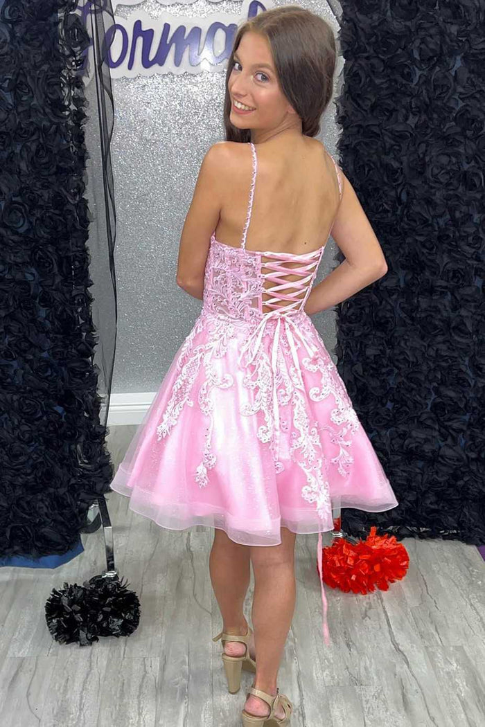 Glitter A-Line Pink Lace-Up Short Homecoming Dress