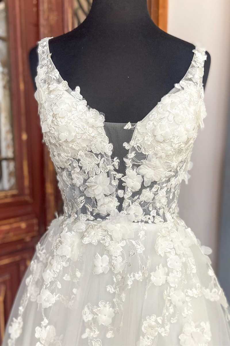 White Floral Lace Backless A-Line Wedding Dress with Slit