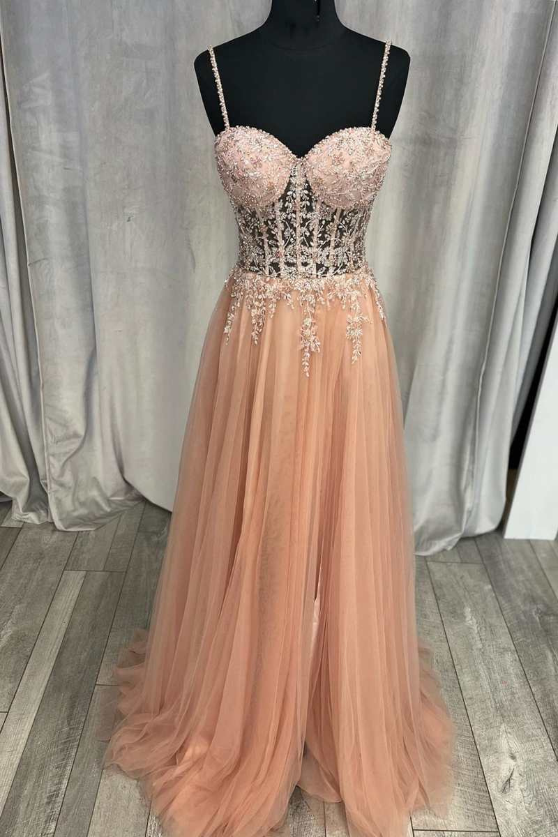 Princess Peach Tulle Rhinestones Corset A-Line Prom Gown