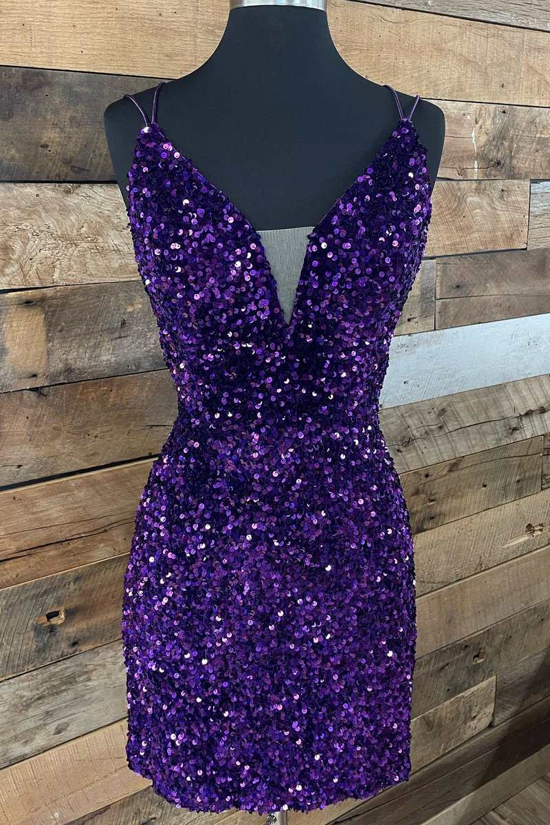 Purple Sequin Plunge V Lace-Up Short Party Dress