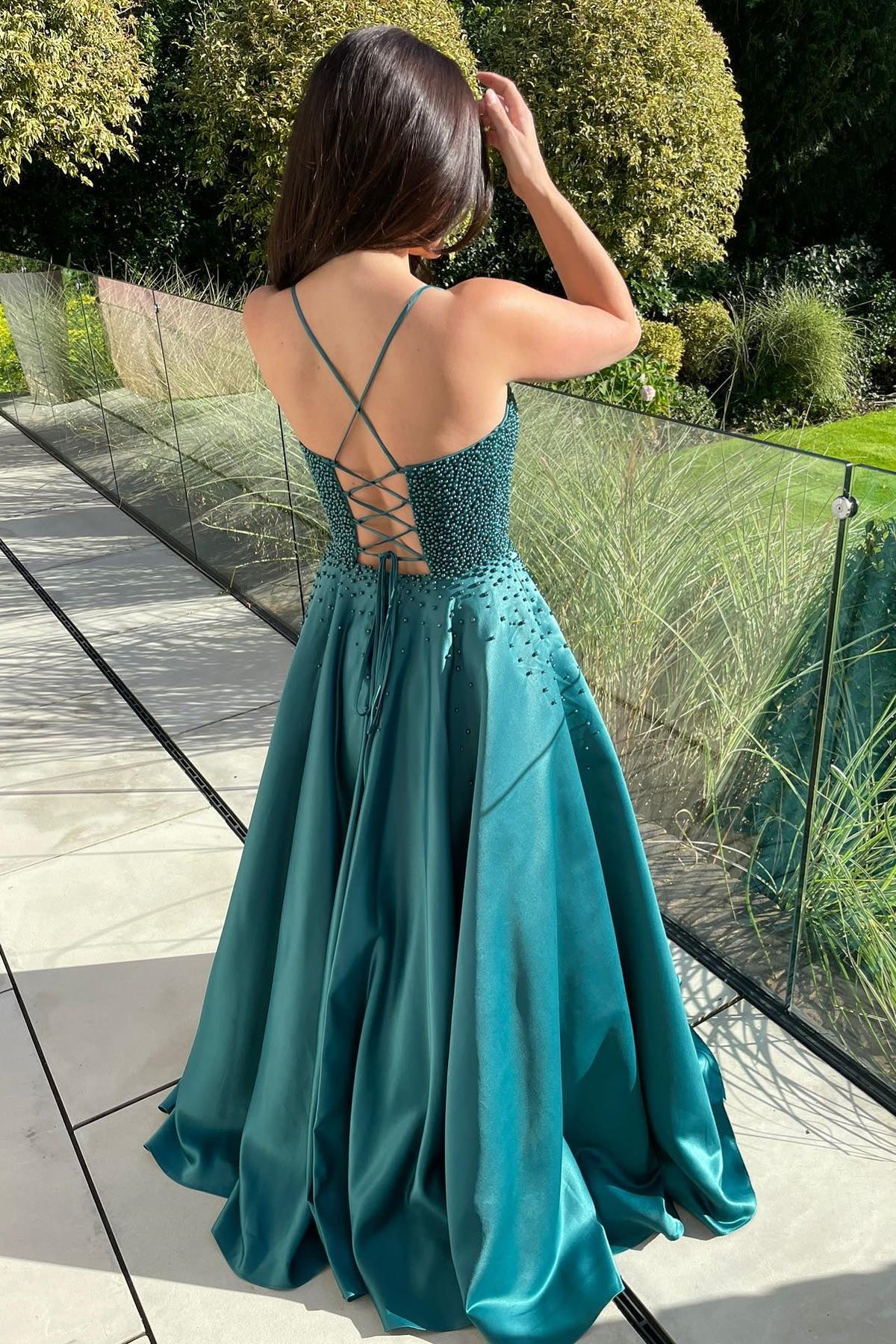 Green A line Beaded Lace Up Back Satin Long Prom Dress Dreamdressy