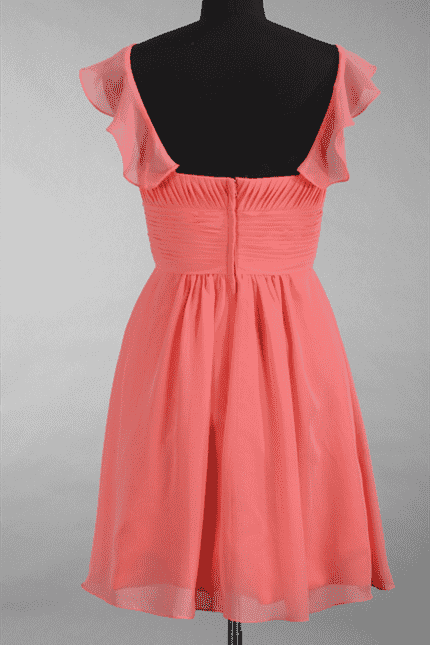 Coral Pink Chiffon Ruffled Straps A-Line Short Bridesmaid Dress