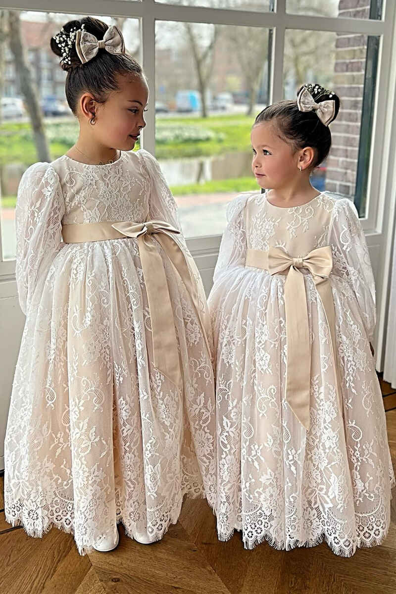 Ivory Lace Long Sleeve Pleated A Line Flower Girl Dress Dreamdressy