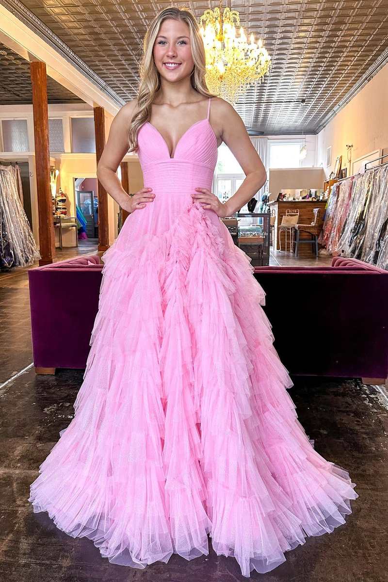 Pink A-line Tulle Newest Long Prom Dresses, Empire Waist Girl Party Prom Dresses Pink A-line Tulle Newest Long Prom Dresses, Empire Waist Girl Party Prom Dresses